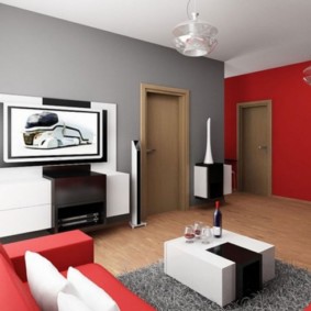 Red accents in the interior of the living room