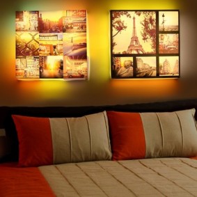 Panou din fotografii cu iluminare într-un dormitor