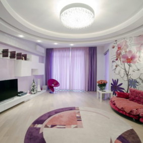 Lilac curtains in a spacious living room