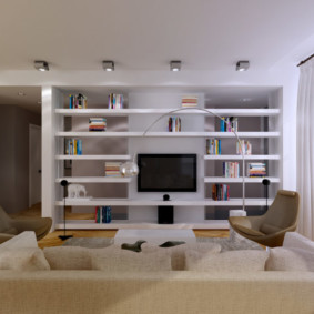 Dizajn obývacej izby s otvorenými policami
