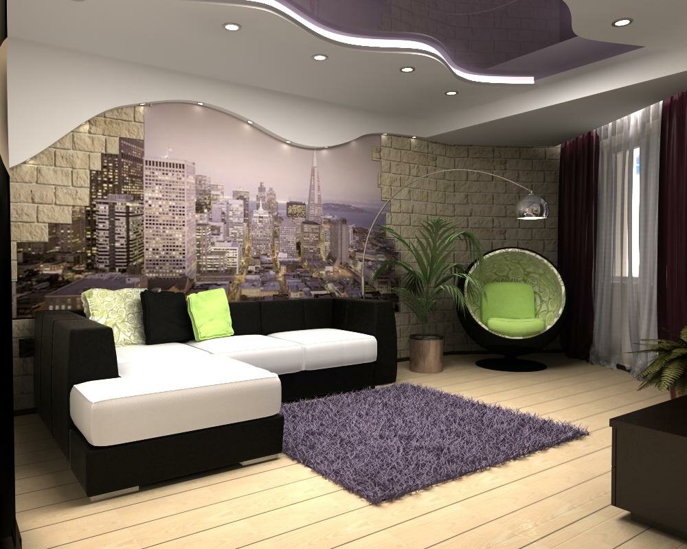 Wall mural in a narrow living room