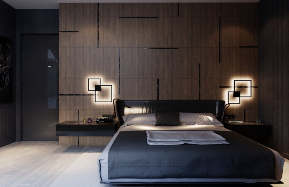 Нощни лампи в спалня с широко легло