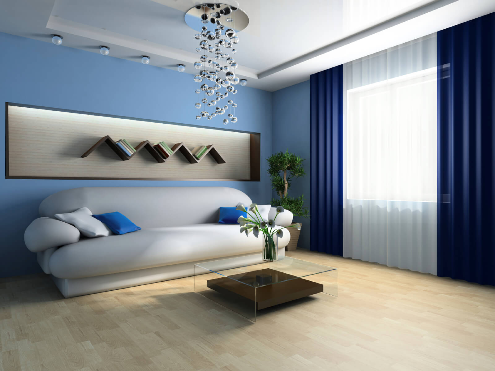 dzīvojamā istaba zilos toņos minimālisms