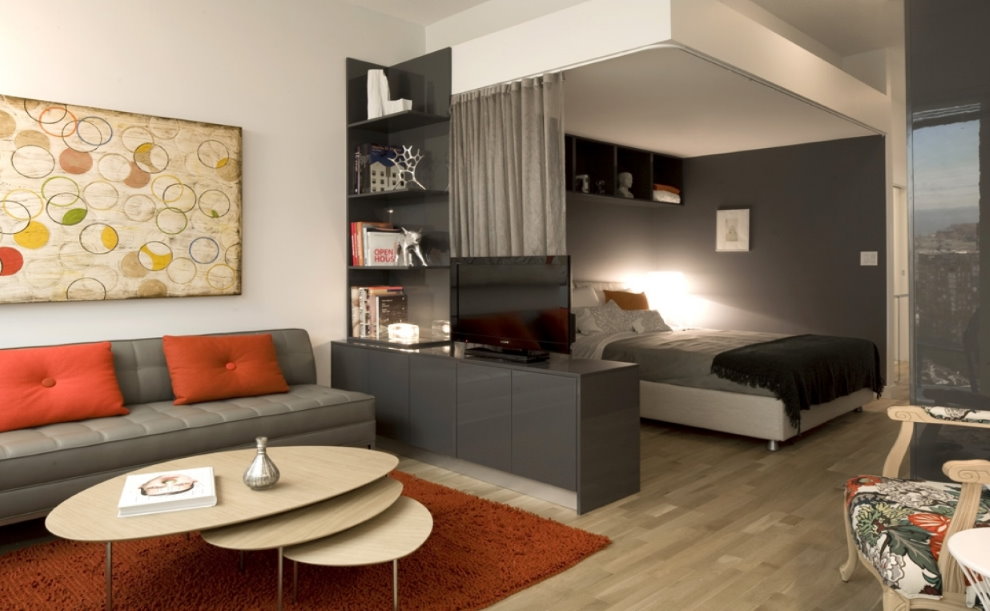 Dzīvojamās istabas ar gultu interjers studijas tipa dzīvoklī