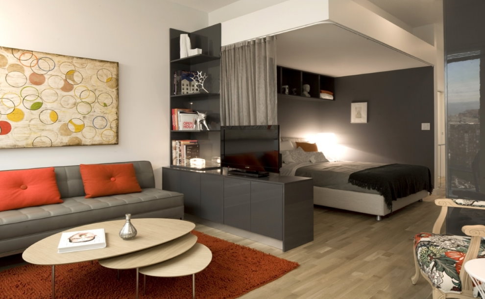 Interieur van een woonkamer met een bed in een studio-appartement