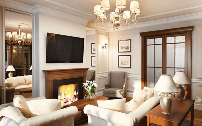English style living room with fireplace