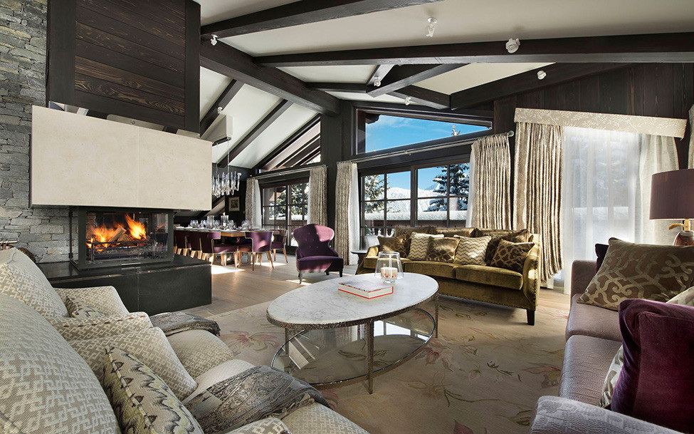chalet style living room with fireplace