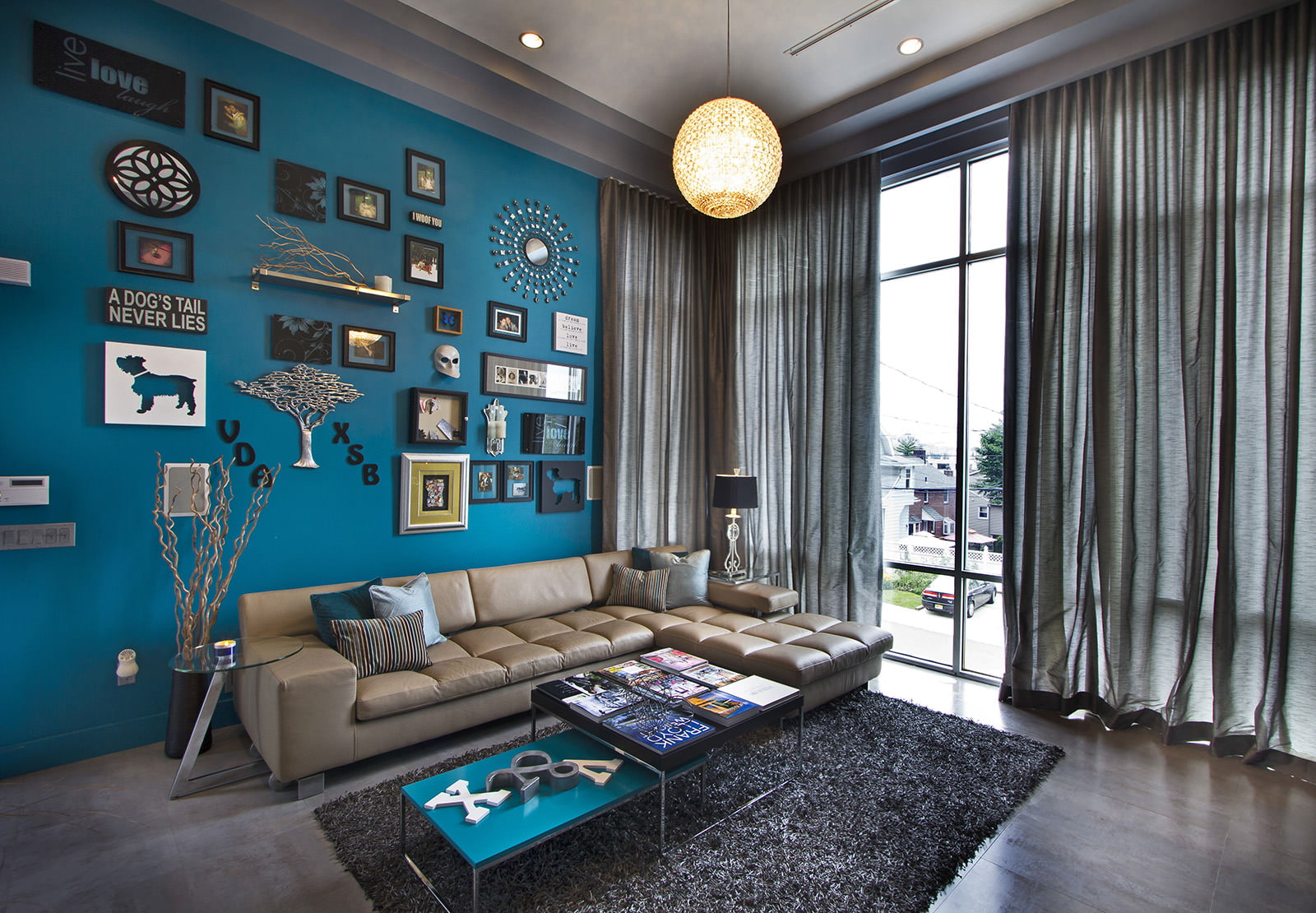 blauwe woonkamer interieur