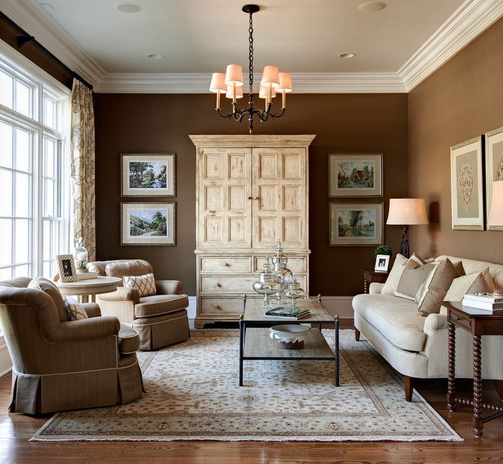 Spacious living room with brown walls