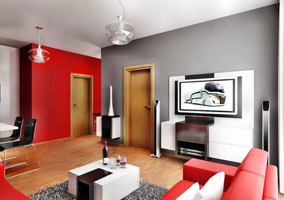 Bir apartman dairesinde kırmızı-gri oda fotoğrafı