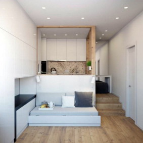 studijas tipa dzīvoklis ar 27 kvadrātmetru lielu ideju dekoru