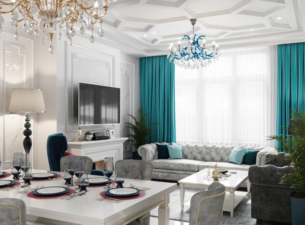 Turquoise curtains in the living room with a sofa