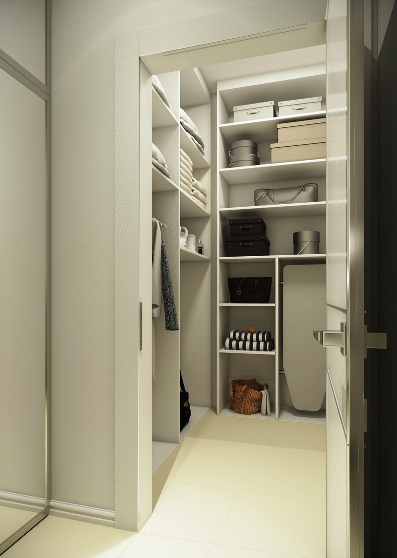 small dressing room with white shelves