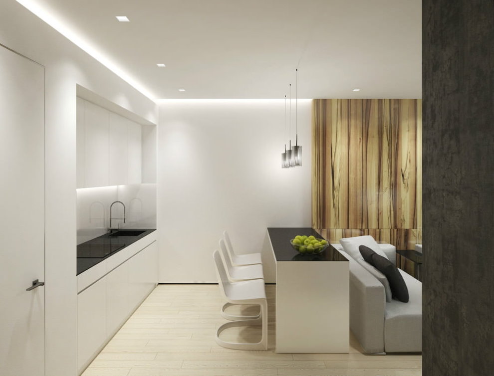 Zona de cuina de l'apartament a l'estil del minimalisme