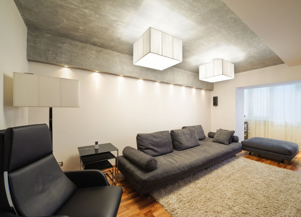 Soffitto grigio in un soggiorno di 25 mq
