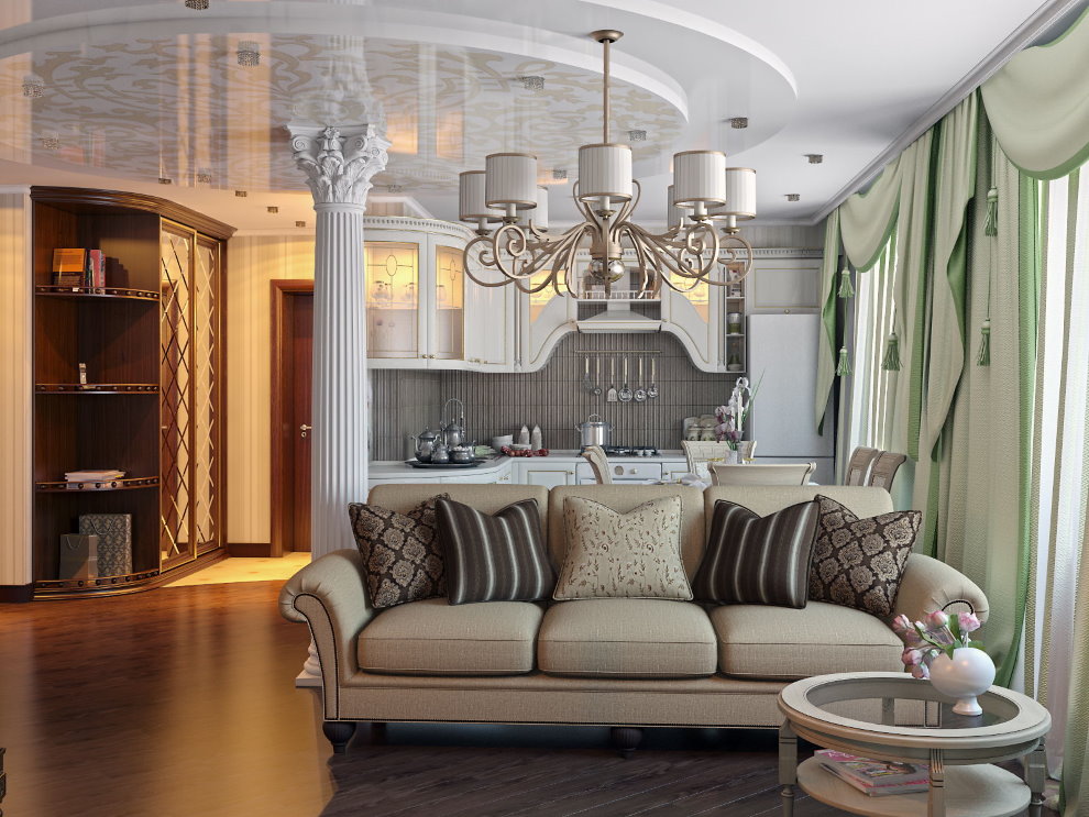 Sofa với bọc vải trong một căn hộ theo phong cách cổ điển