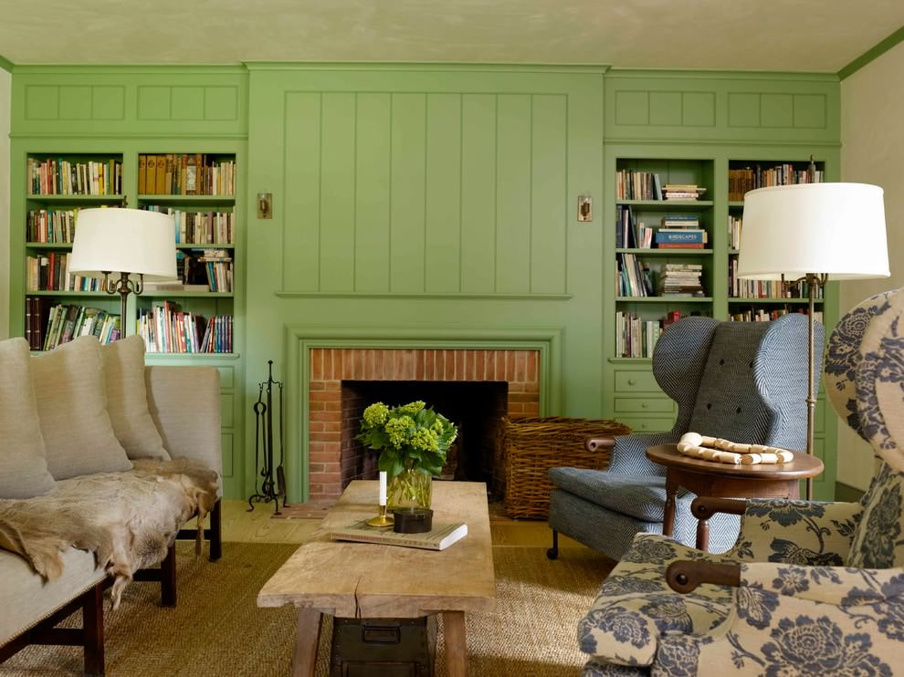 Living room interior with olive colored furniture