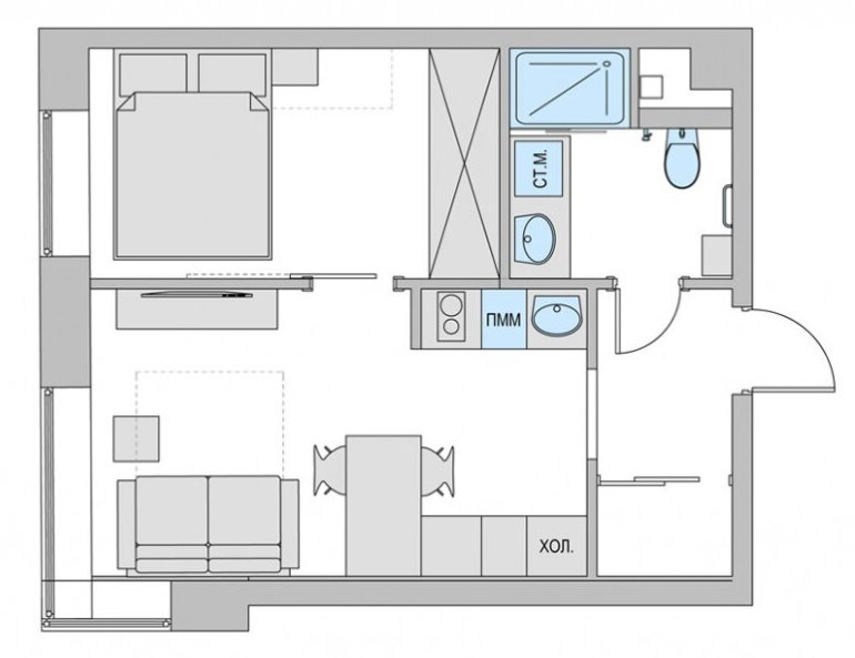 Odnushka'dan tadilattan sonra tek odalı bir daire için 38 m2 plan