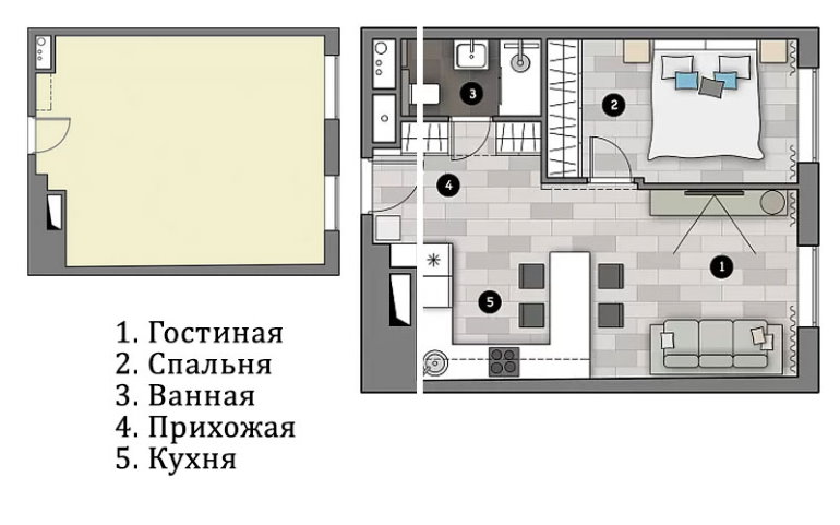 Pla d'odnushki una superfície de 43 metres quadrats després de repetir la peça de kopeck