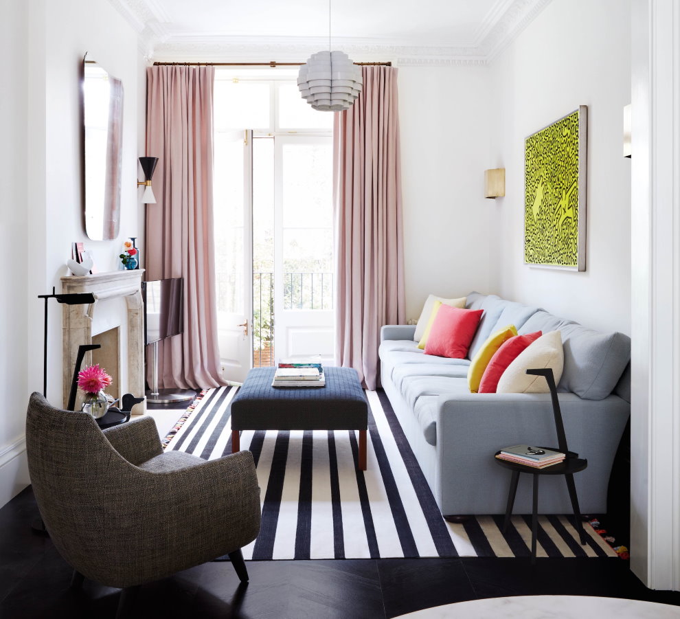 Striped carpet in a small living room