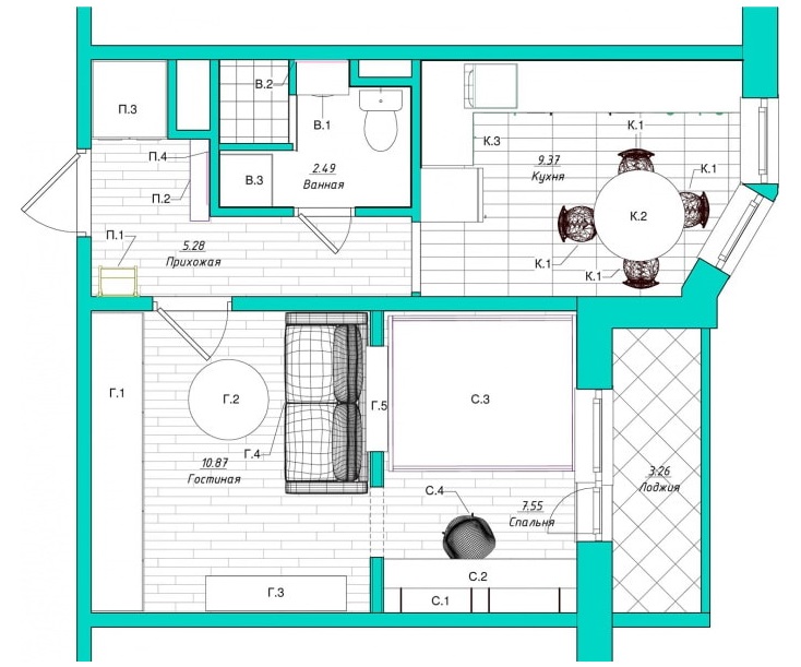 Pārbūves shēma studijas tipa dzīvoklim ar platību 38 kv