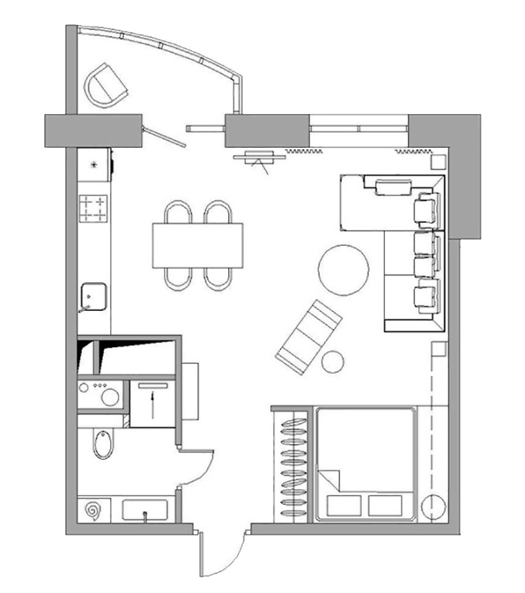 Studijas tipa dzīvokļa plāns pēc pārbūves