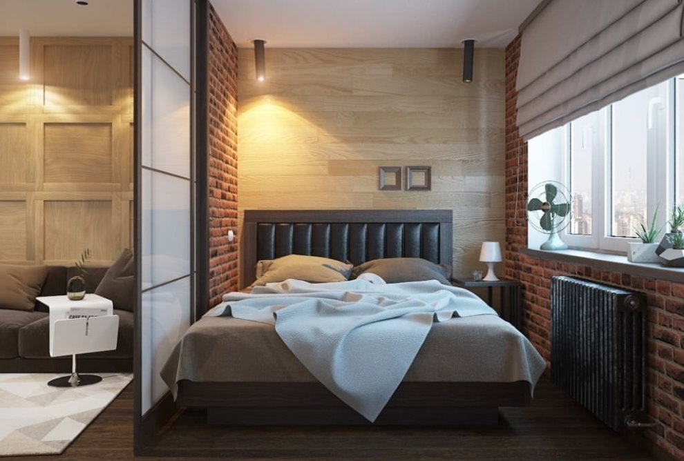 Brick finished bedroom in a small apartment