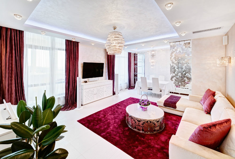 Pink walls of a large living room