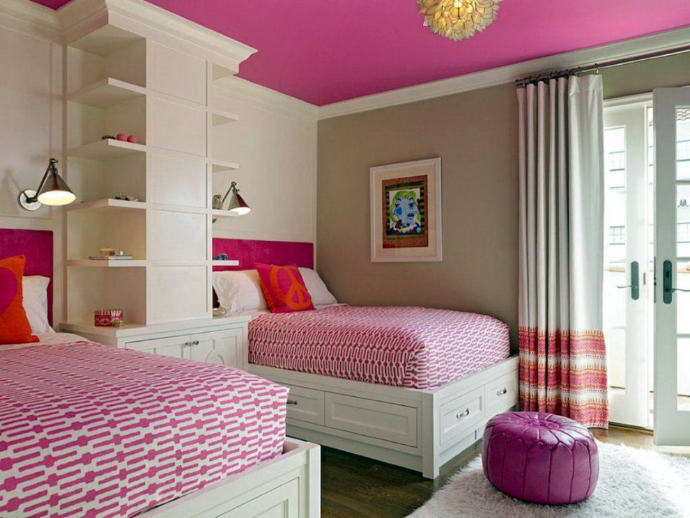 Children's room with a pink ceiling