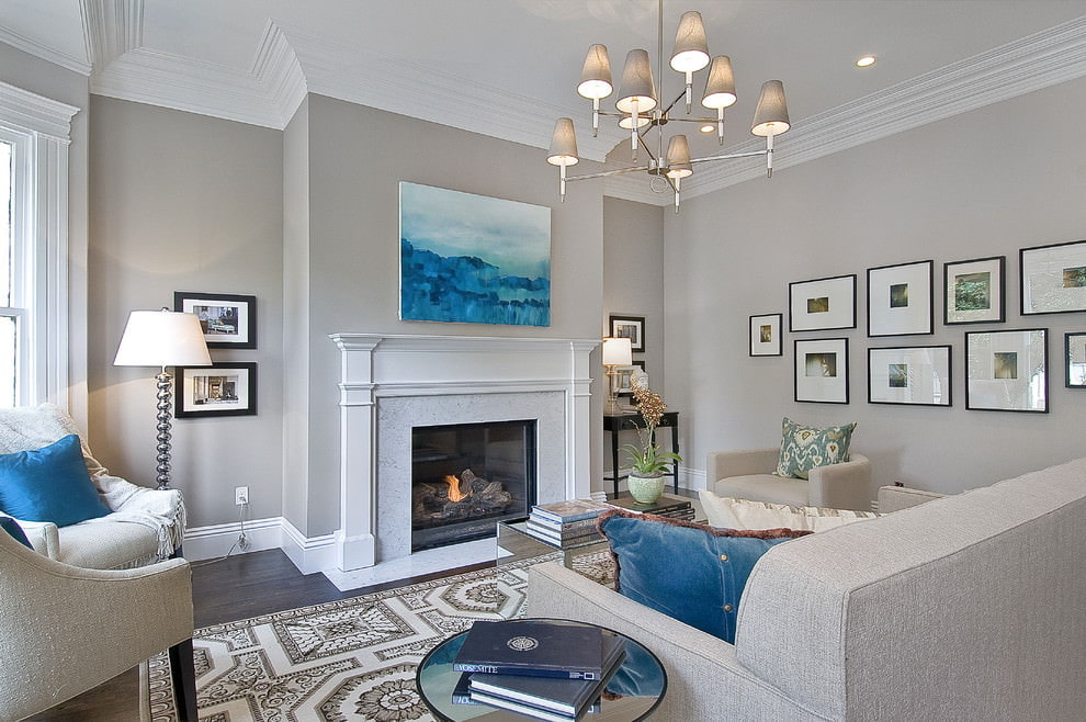 Gray-blue living room with fireplace