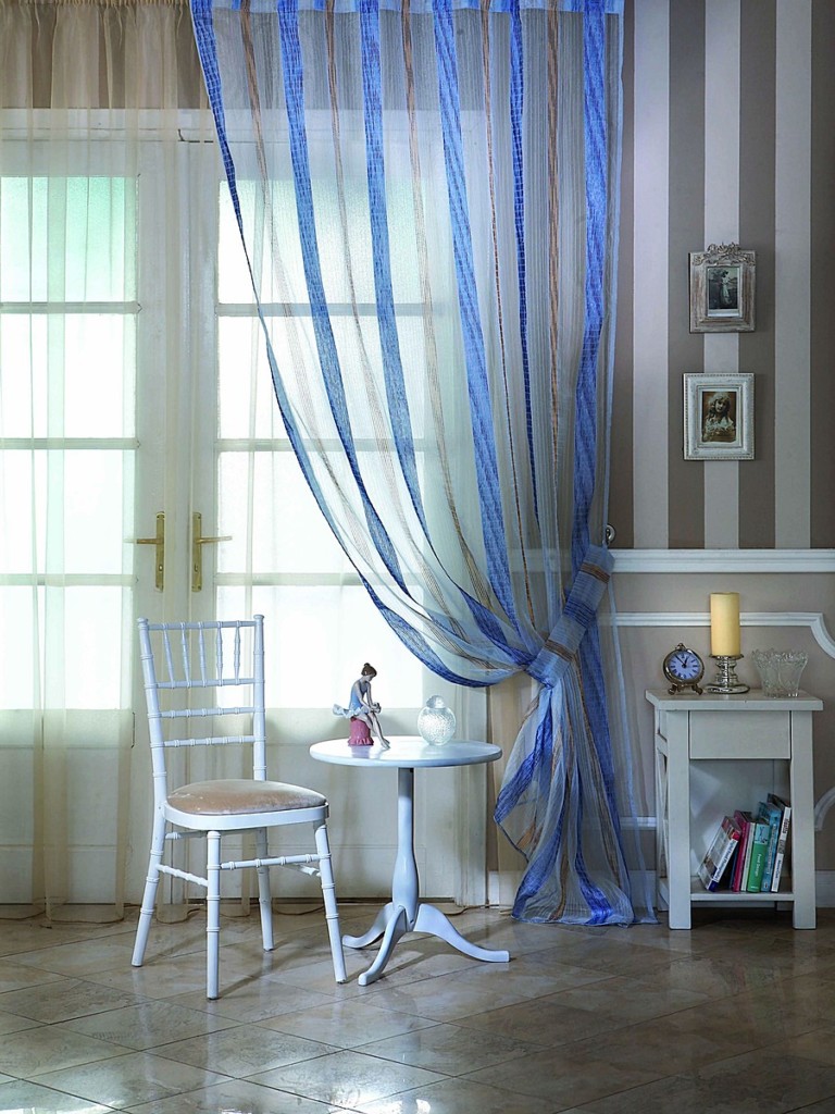 Blue Striped Tulle Curtain