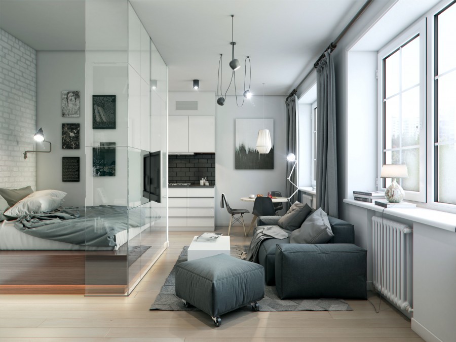 Interieur van een licht studio-appartement van 45 m²