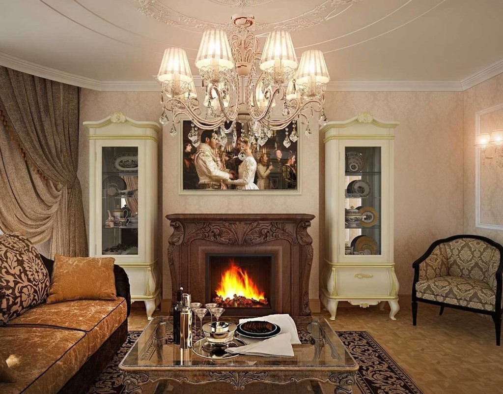 Fireplace in the interior of the living room of a private house