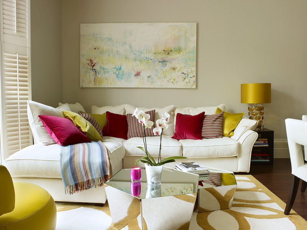 Bright pillows on a sofa in a cozy living room