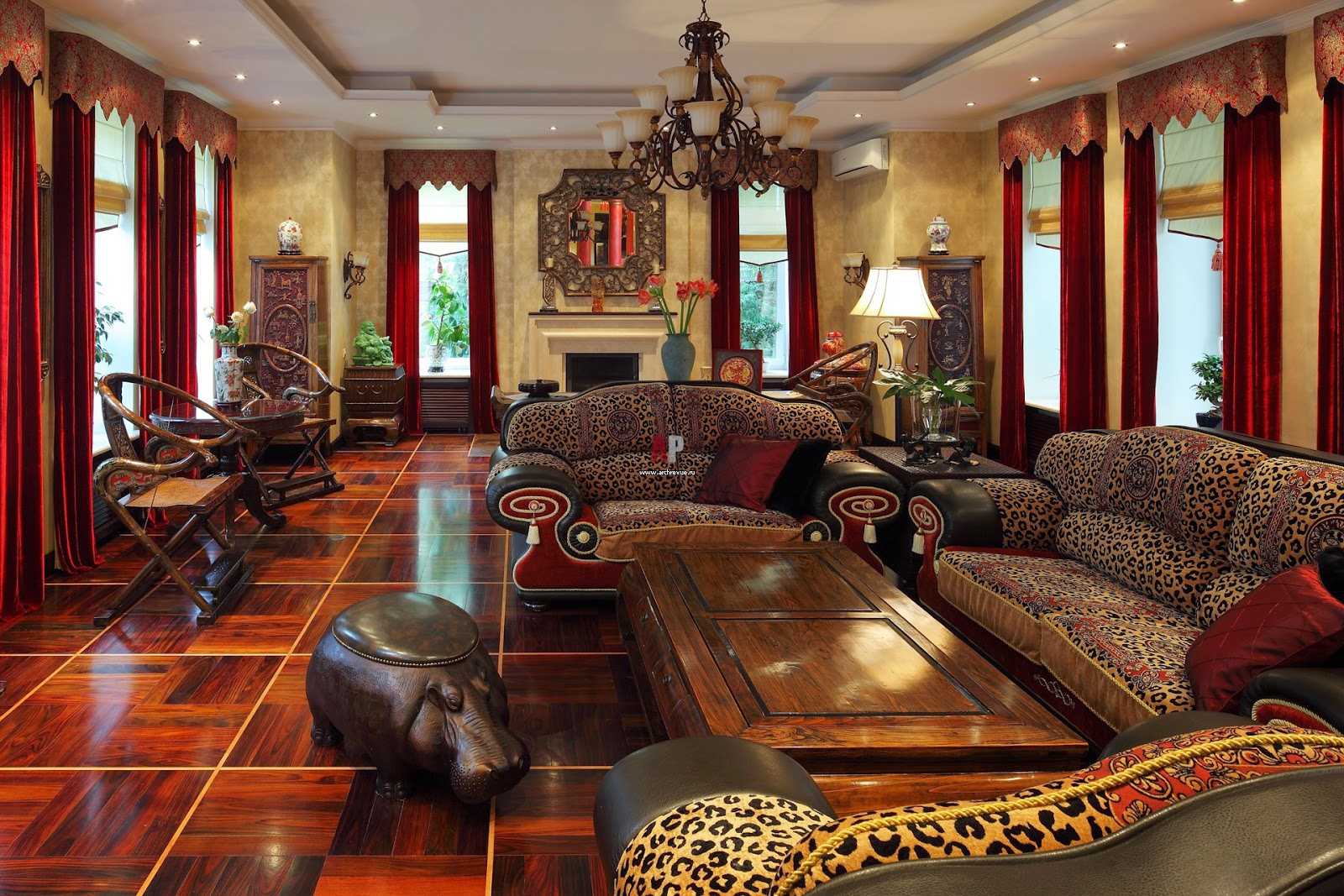 ruang tamu yang cerah dalam gaya oriental