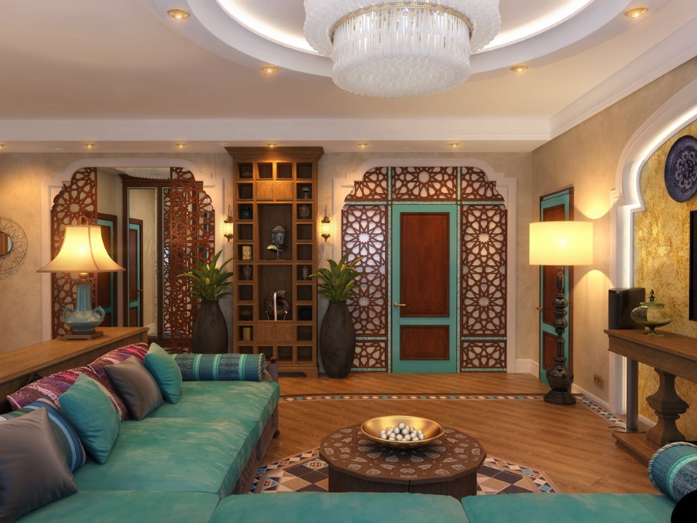 Estilo árabe en el diseño de la sala de un apartamento moderno.