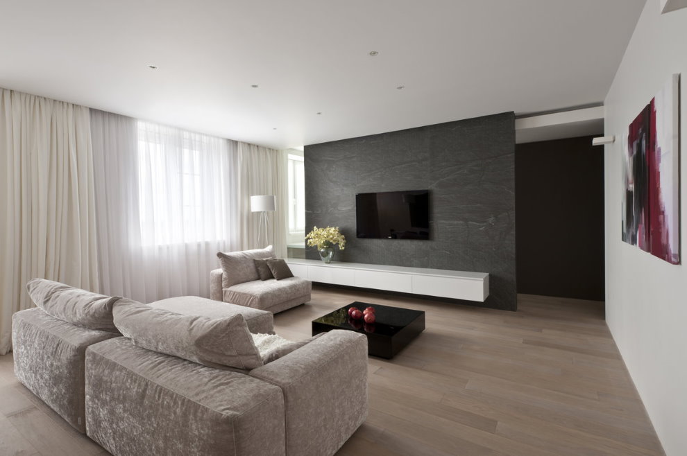 Sofa langsung di dalam dewan apartmen gaya minimalis