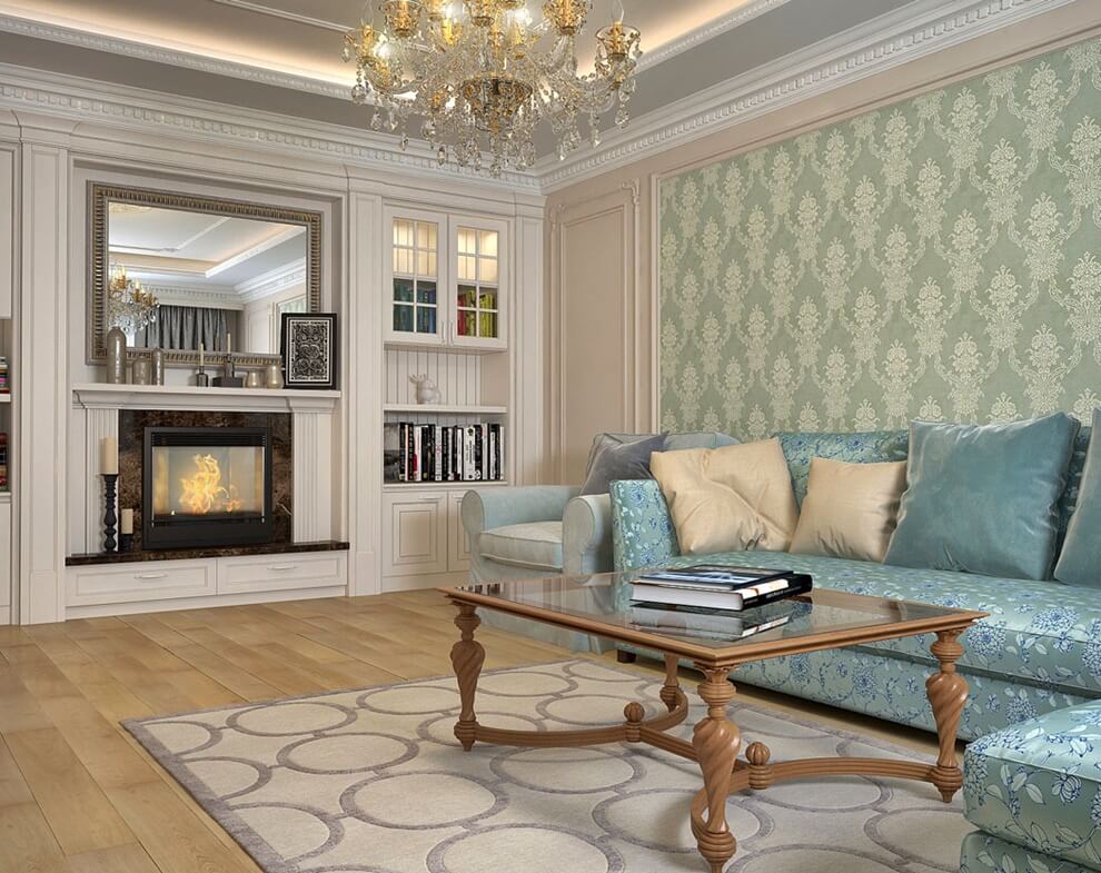 Rohová pohovka v obývacej izbe neoklasického štýlu