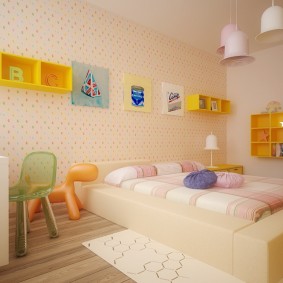 Yellow shelves on a pink wall