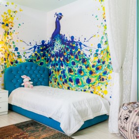 Fairytale peacock on the wall of a bright room