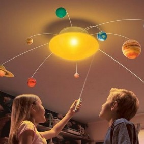 Kroonluchter in de vorm van een zonnestelsel op het plafond van de kinderkamer