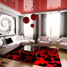 Red ceiling in a modern living room