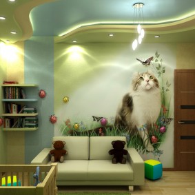 Bức tranh tường với một con mèo trên tường phòng của một cậu bé