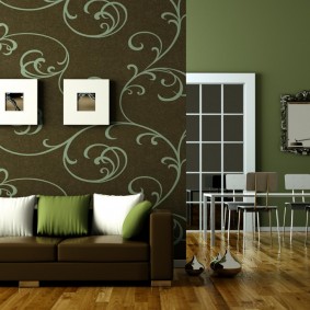 Dark green wallpaper in the living room