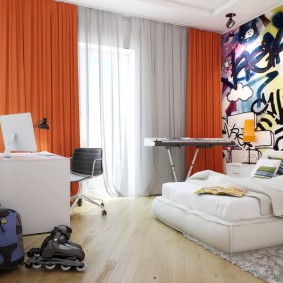 Orange curtains in the bedroom