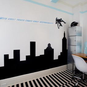 Black and white wallpaper in a boy's bedroom