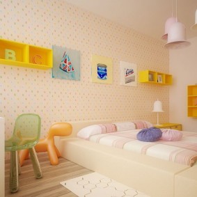 Yellow shelves on a pink wall
