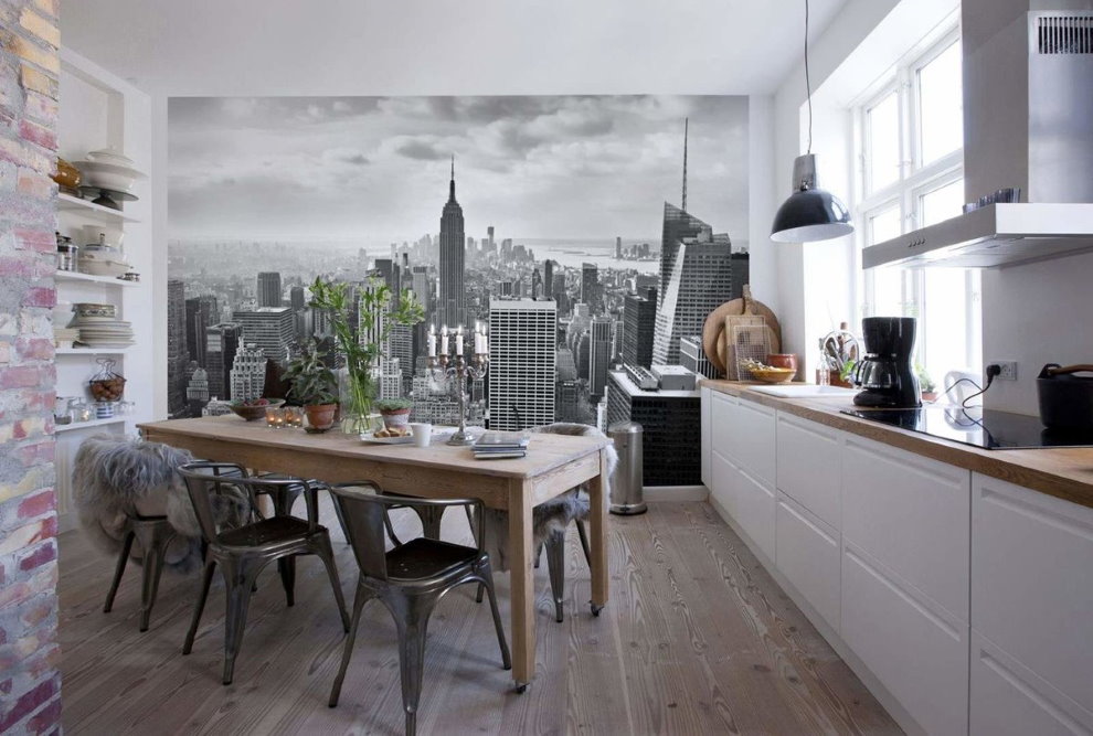 Interieur van een moderne keuken met fotoprint op behang