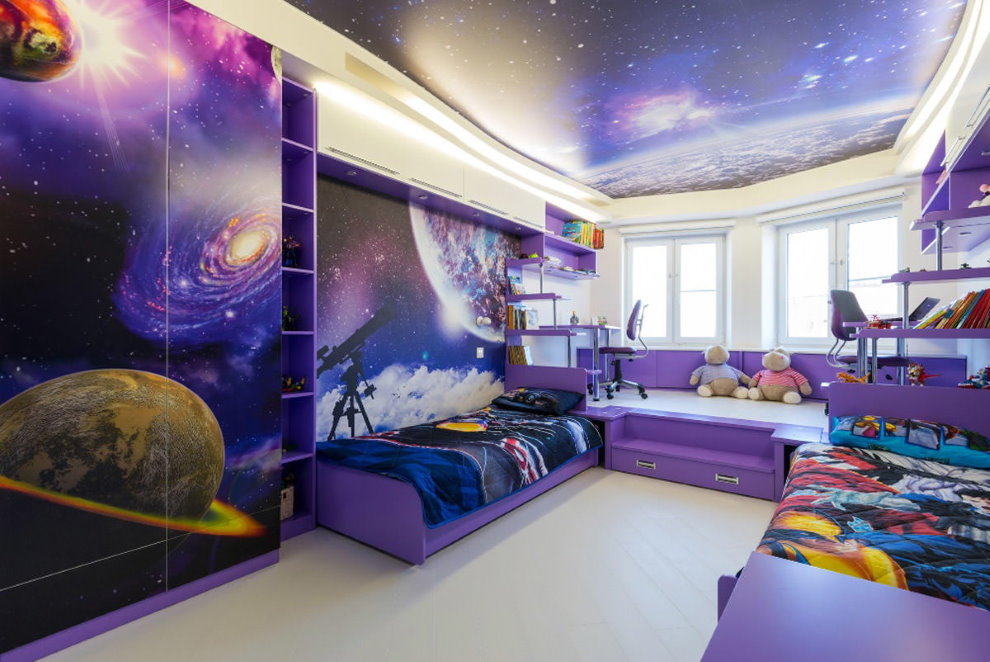 Interior of a nursery with murals on the ceiling