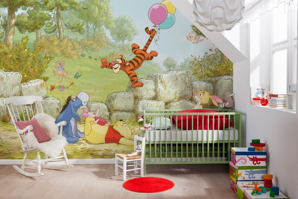 Kids room with 3d photo wallpaper on accent wall